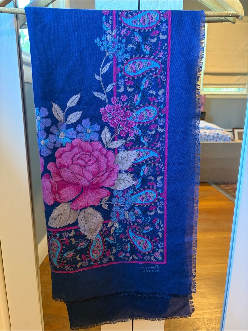 Piramit Blue Floral Paisley Scarf with Pink Rose